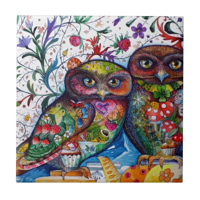 Medieval owls 1 ceramic tile (Front)