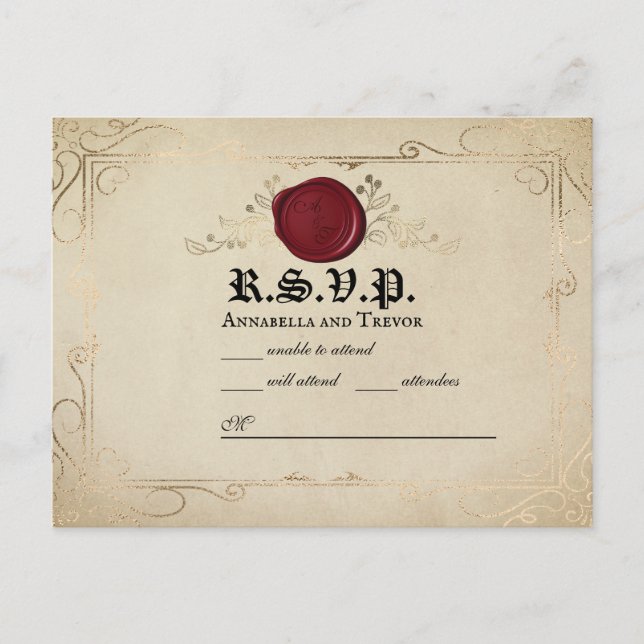 Medieval Parchment Wax Seal Fairytale Wedding RSVP Postcard (Front)