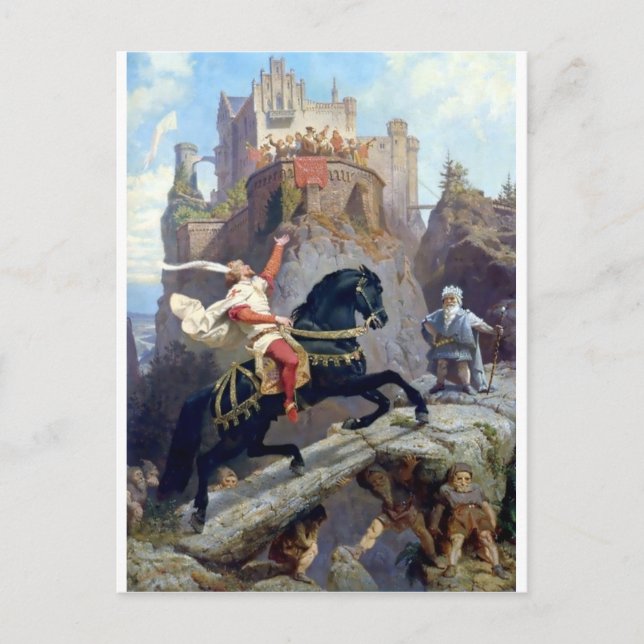 Medieval Prince black horse gnomes castle Postcard (Front)