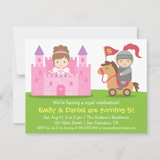 Medieval Princess and Knight Twins Birthday Party Invitation (Front)
