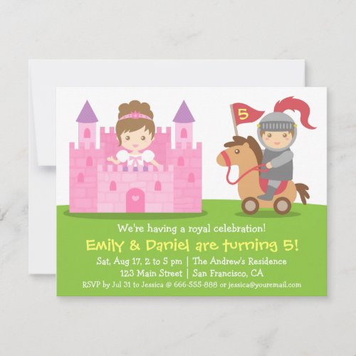 Medieval Princess and Knight Twins Birthday Party Invitation