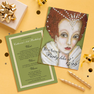 Medieval Queen Renaissance Green Gold Fun Birthday Invitation