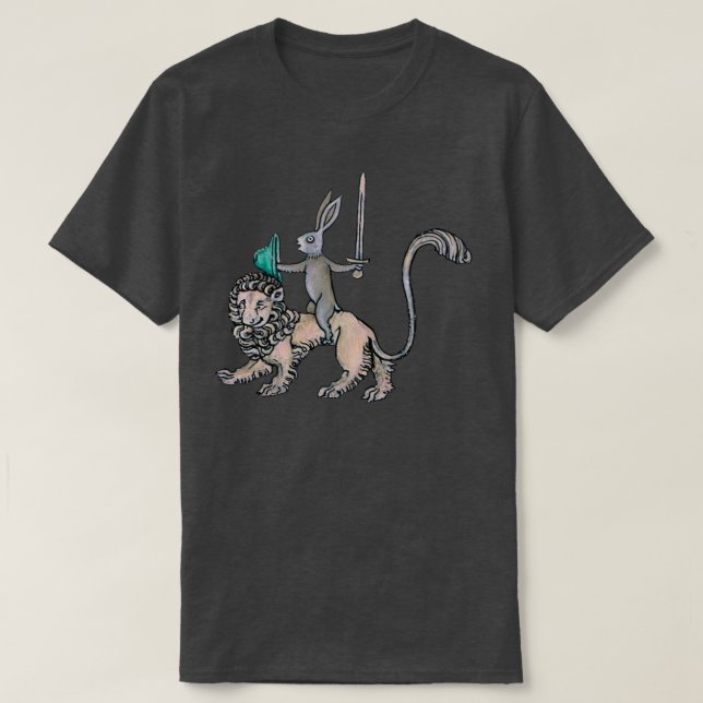 Medieval Rabbit rides a Lion because he can T-Shirt (Design Front)