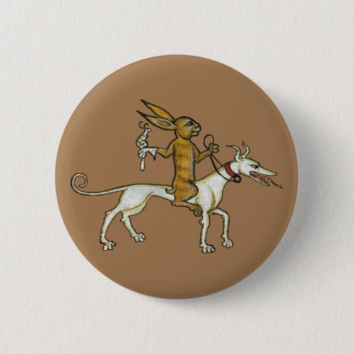 Medieval Rabbit Riding Dog and Holding Snail Button