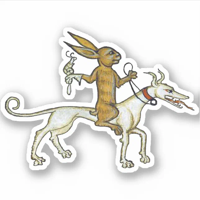 Rabbit Riding Dog Medieval Rabbit Riding Dog and Holding Snail Sticker | Zazzle
