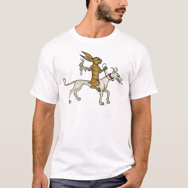 Medieval Rabbit Riding Dog and Holding Snail T-Shirt (Front)