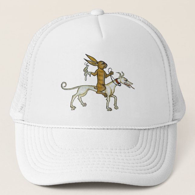 Medieval Rabbit Riding Dog and Holding Snail Trucker Hat (Front)