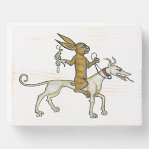 Medieval Rabbit Riding Dog and Holding Snail Wooden Box Sign