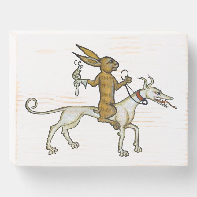 Medieval Rabbit Riding Dog and Holding Snail Wooden Box Sign (Front Horizontal)