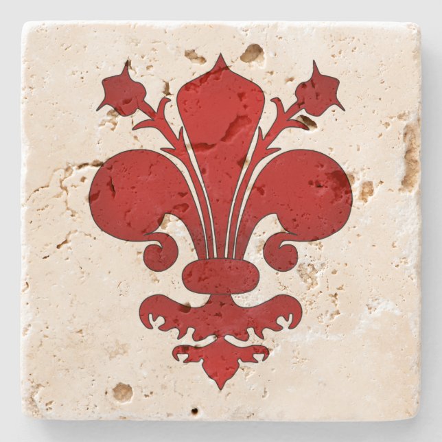 Medieval red fleur de lis symbol stone coaster (Front)