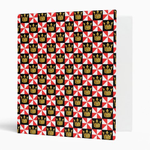 Medieval Red White Black Faux Gold Crown Pattern 3 Ring Binder