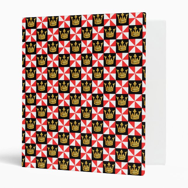 Medieval Red White Black Faux Gold Crown Pattern 3 Ring Binder (Front/Inside)