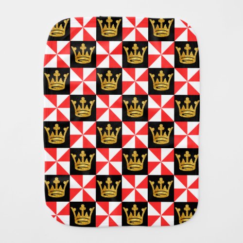 Medieval Red White Black Faux Gold Crown Pattern Baby Burp Cloth