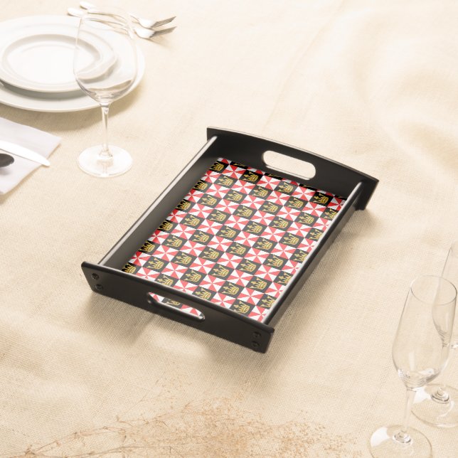Medieval Red White Black Faux Gold Crown Pattern Serving Tray (Front)