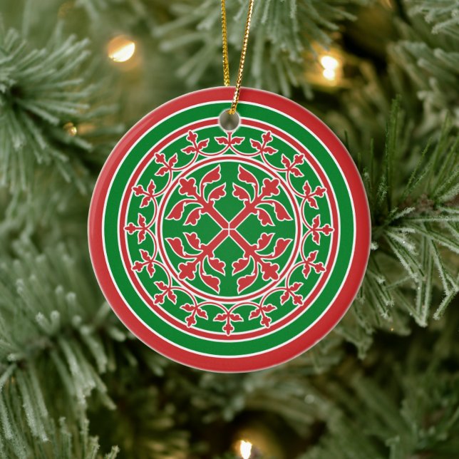 Medieval Red White Green Wreath Leaves Romanesque  Ceramic Ornament (Tree)