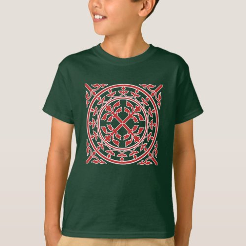 Medieval Red White Green Wreath Leaves Romanesque T_Shirt