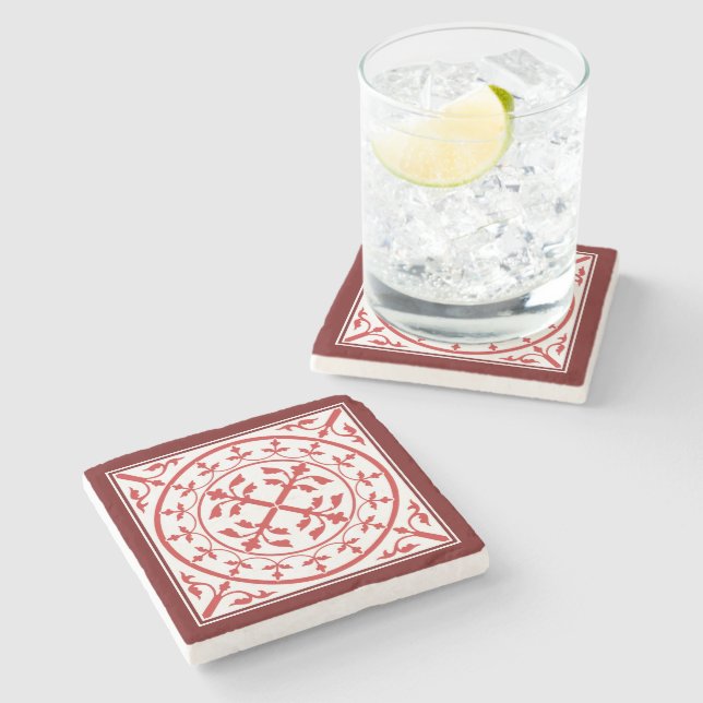 Medieval Red White Marble Wreath Leaves Romanesque Stone Coaster (Side)