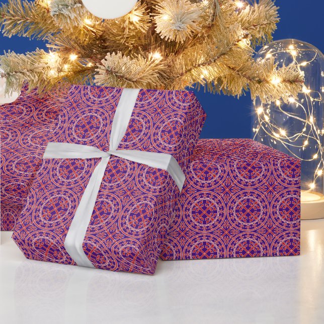 Medieval Red White Purple Wreath Leaves Romanesque Wrapping Paper (Holidays)
