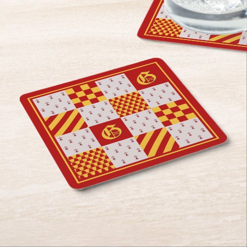 Medieval Red Yellow Vair Ermine Heraldic Pattern Square Paper Coaster