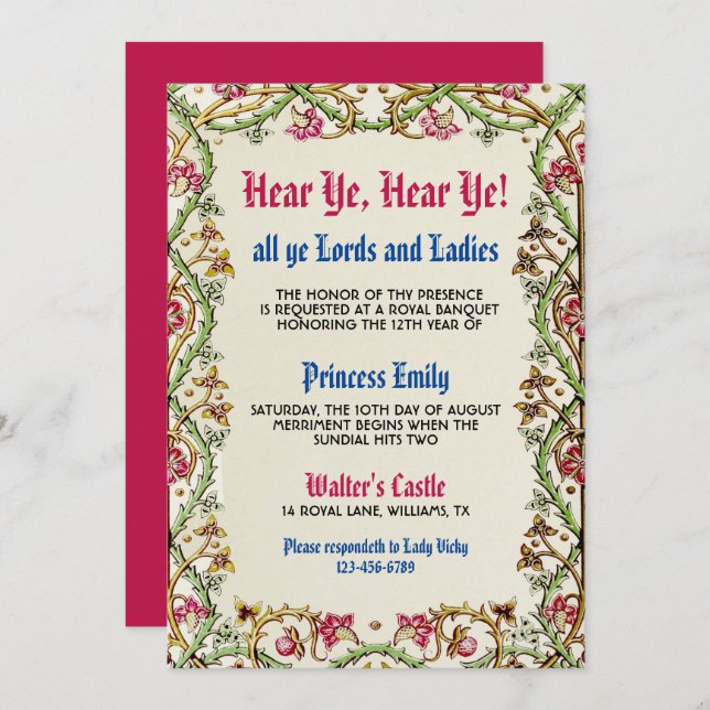 Medieval Renaissance Birthday Invitation (Front/Back)