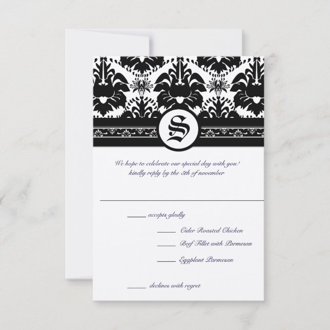 Medieval Renaissance Black Damask RSVP Invitation (Front)
