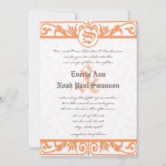 Medieval Renaissance Coral Damask Gray Wedding  Invitation