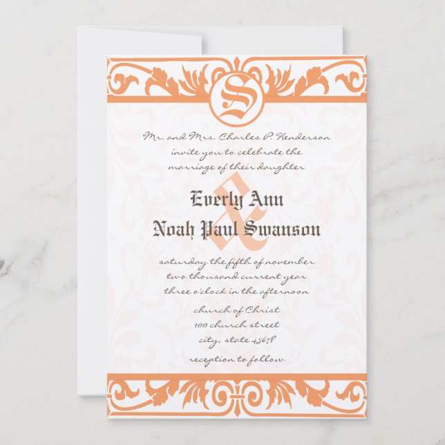 Medieval Renaissance Coral Damask Gray Wedding  Invitation (Front)
