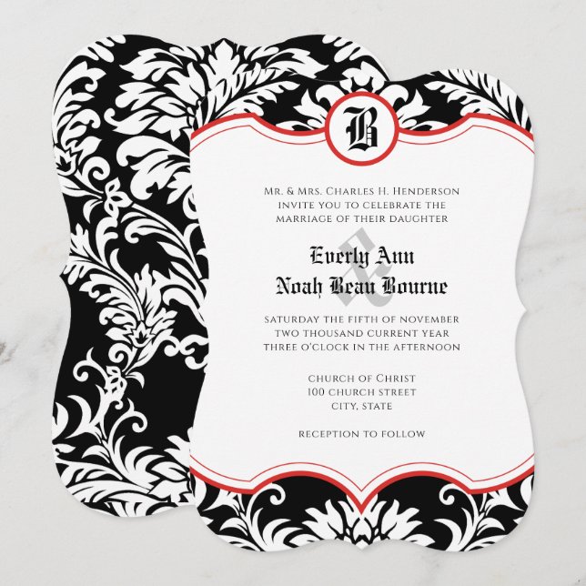  Medieval Renaissance Damask Red Accents Wedding Invitation (Front/Back)