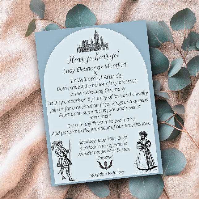 Medieval Renaissance Dusty Blue Arch Wedding Invitation (Medieval Dusty Blue Arched Wedding Invitations)
