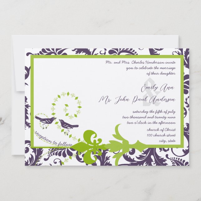 Medieval Renaissance Green Purple Floral Damask Invitation (Front)