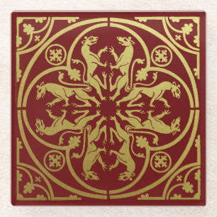 Medieval Renaissance Herald Lion Leopard Metallic  Glass Coaster