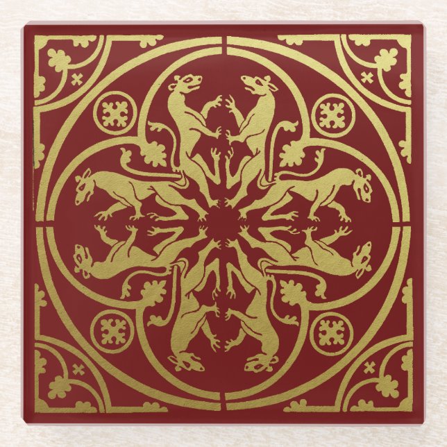 Medieval Renaissance Herald Lion Leopard Metallic  Glass Coaster (Front)