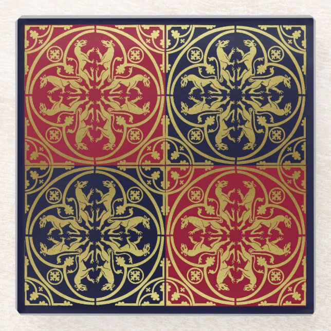 Medieval Renaissance Herald Lion Leopard Metallic  Glass Coaster (Front)