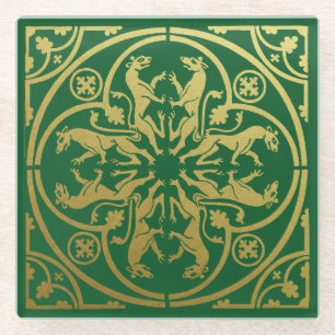 Medieval Renaissance Herald Lion Leopard Metallic  Glass Coaster