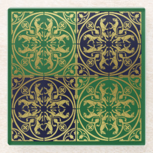 Medieval Renaissance Herald Lion Leopard Metallic  Glass Coaster