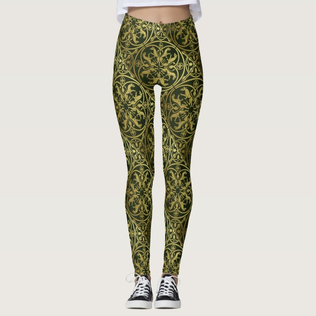 Medieval Renaissance Herald Lion Leopard Metallic  Leggings (Front)