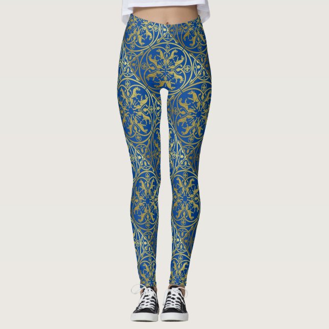 Medieval Renaissance Herald Lion Leopard Metallic  Leggings (Front)