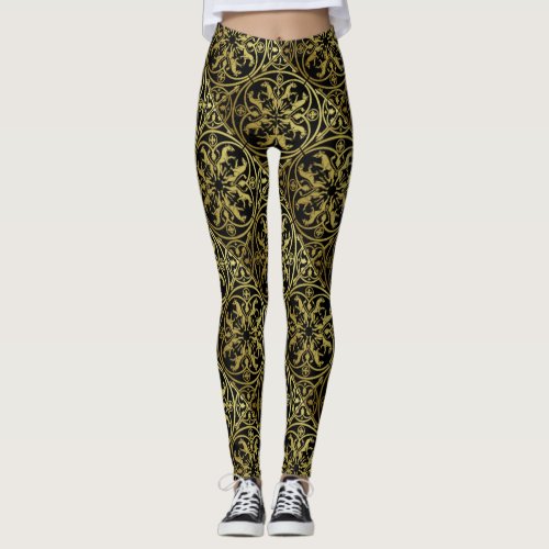 Medieval Renaissance Herald Lion Leopard Metallic  Leggings