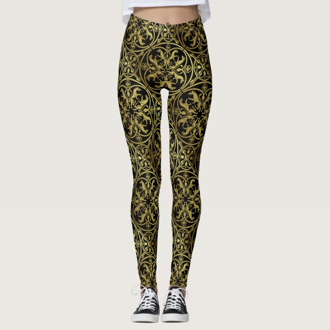 Medieval Renaissance Herald Lion Leopard Metallic  Leggings (Front)
