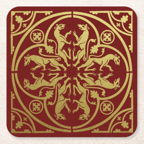 Medieval Renaissance Herald Lion Leopard Metallic  Square Paper Coaster