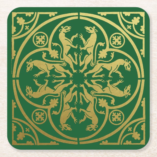 Medieval Renaissance Herald Lion Leopard Metallic  Square Paper Coaster (Front)