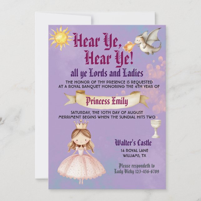 Medieval Renaissance Princess Birthday Invitation (Front)