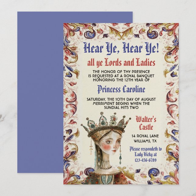 Medieval Renaissance Princess Birthday Invitation (Front/Back)