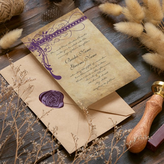 Medieval Renaissance Purple Faux Parchment Invitation (This is what it would look like with a different font for the bride and groom. Check out our fonts! )