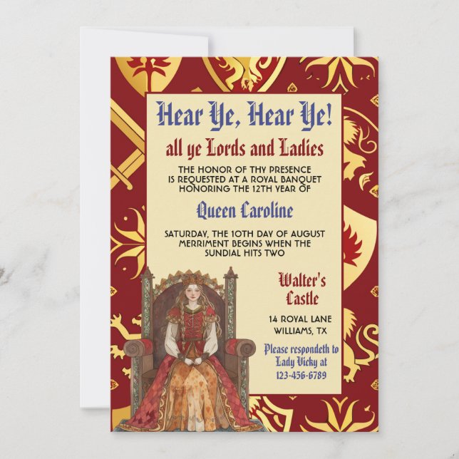 Medieval Renaissance Queen Birthday Invitation (Front)