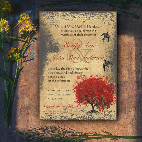 Medieval Renaissance Red Tree Vintage Bird Wedding Invitation