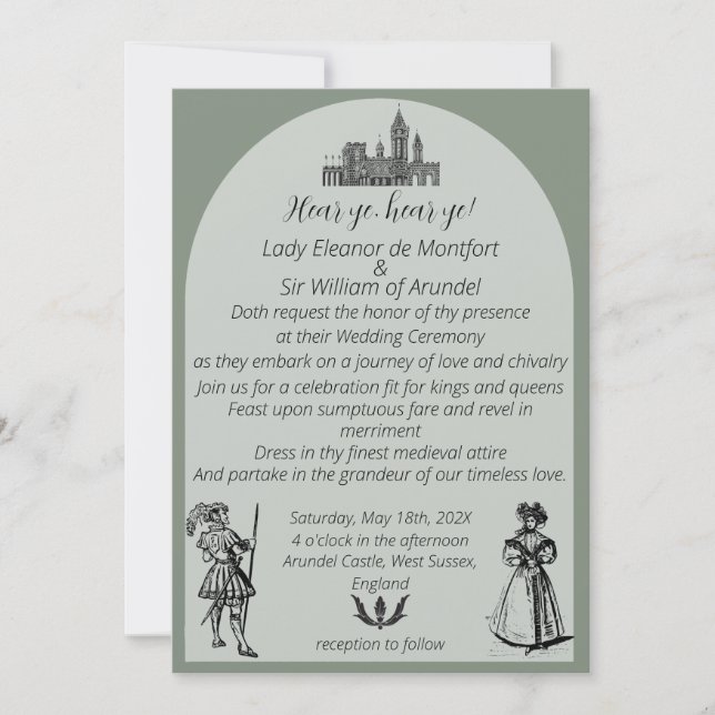 Medieval Renaissance Sage Green Arch Wedding Invitation (Front)