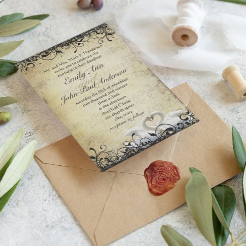 Medieval Renaissance Swan Lovebird Wedding Invitation