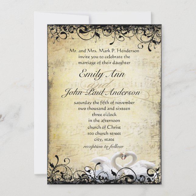 Medieval Renaissance Swan Lovebird Wedding Invitation (Front)