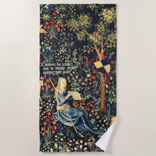 Medieval Renaissance Tapestry  Shepherds and Sheep Beach Towel
